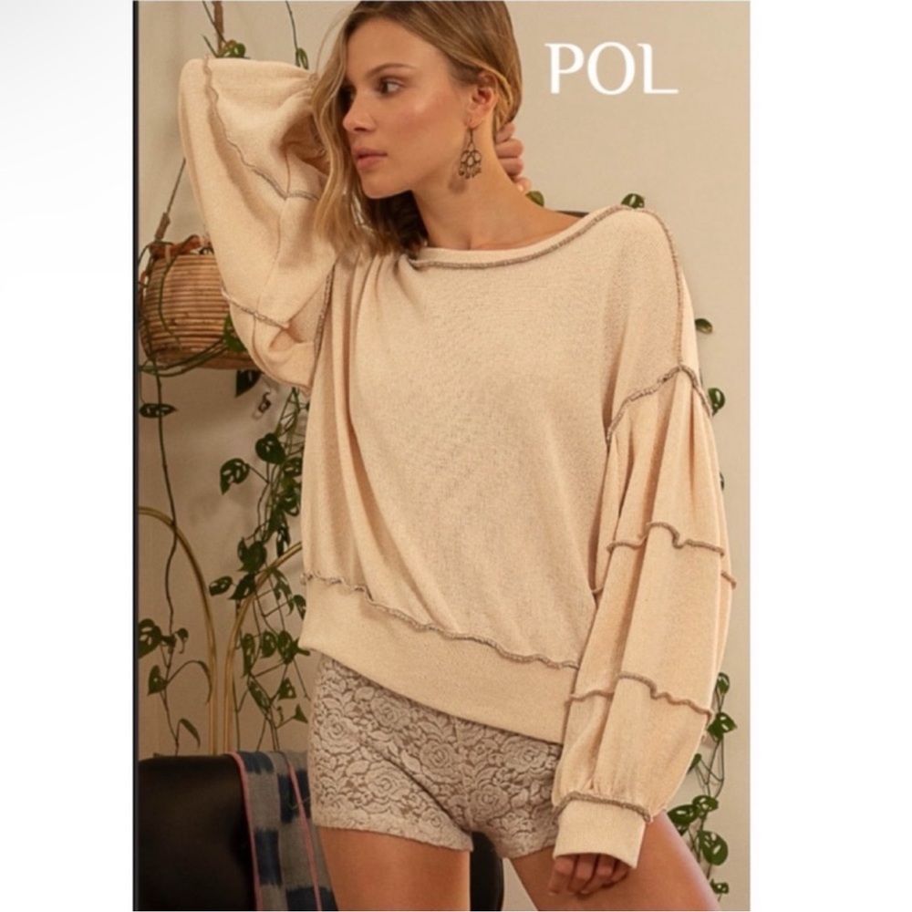 POL Cream Thermal Style Top With Balloon Sleeves And Brown Out Seam Trim